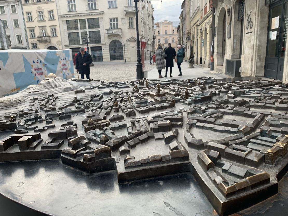 A metallic sculpture depicting the Lviv city center.