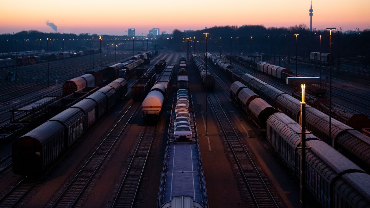 Freight trains stand on the tracks at the Munich, Germany, North marshalling yard, on February 28. Following Russia's attack on Ukraine, Western countries have imposed numerous sanctions, and the EU has imposed an export ban on goods, technologies and services for the aerospace industry. 