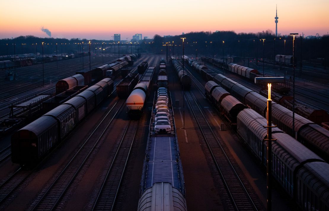 Freight trains stand on the tracks at the Munich, Germany, North marshalling yard, on February 28. Following Russia's attack on Ukraine, Western countries have imposed numerous sanctions, and the EU has imposed an export ban on goods, technologies and services for the aerospace industry. 