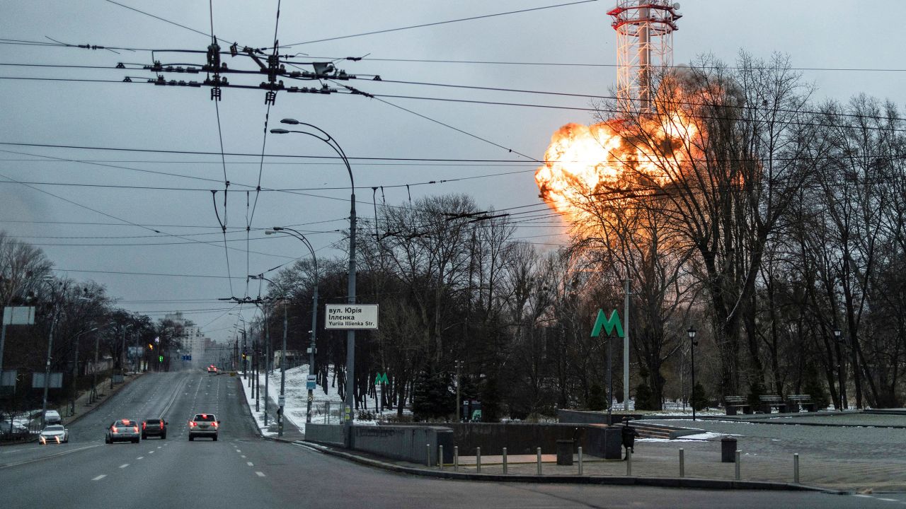 A blast is seen in the TV tower, amid Russia's invasion of Ukraine, in Kyiv, Ukraine March 1, 2022.