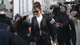 Former Alaska Gov. Sarah Palin is seen leaving the U.S. District Court, in New York, NY, February 14, 2022. )