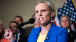 Rep. Victoria Spartz, a Republican from Indiana and a Ukrainian-born American, speaks out against the Russian invasion during a news conference in Rayburn Building on Tuesday.

