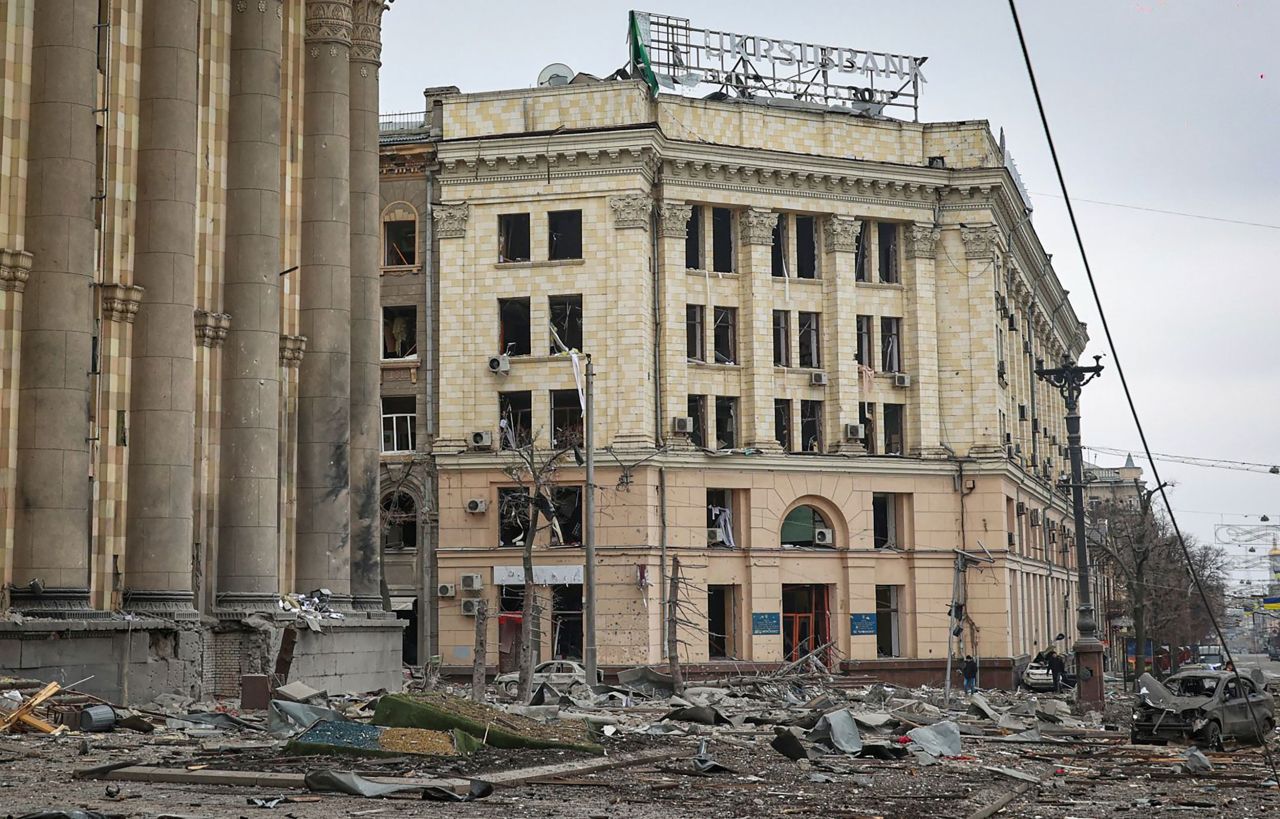 An administrative building is seen in Kharkiv after Russian shelling on March 1. Russian forces have scaled up their bombardment of Kharkiv, Ukraine's second-largest city.  Zelensky says Russia waging war so Putin can stay in power &#8216;until the end of his life&#8217; w 1280