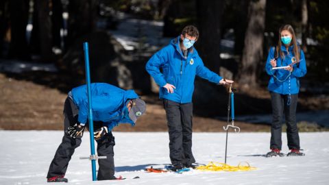The third snow survey of the 2022 season is conducted at Phillips Station in the Sierra Nevadas.