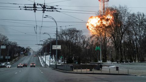 An explosion is seen at a TV tower in Kyiv, Ukraine, on Tuesday, March 1. <a href=