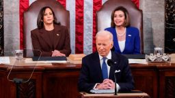 President Joe Biden delivers his first State of the Union address to a joint session of Congress at the Capitol, Tuesday, March 1, 2022, in Washington, as Vice President Kamala Harris and Speaker of the House Nancy Pelosi look on. 