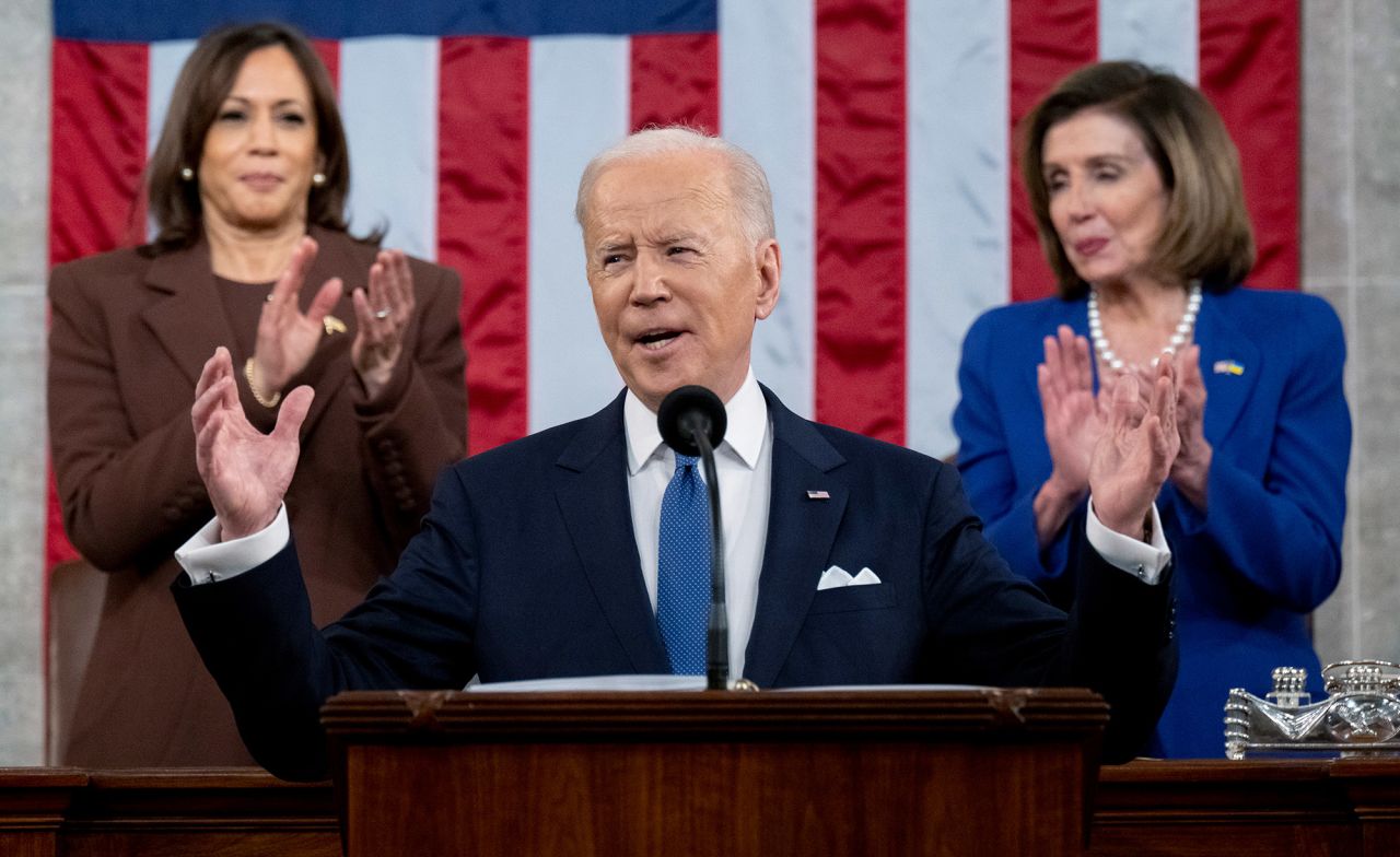 President Joe Biden delivers his State of the Union address to a joint session of Congress on Tuesday, March 1. Behind him are Vice President Kamala Harris, left, and House Speaker Nancy Pelosi.