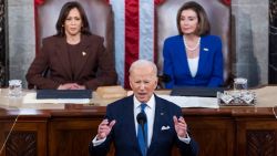 President Joe Biden delivers his first State of the Union address to a joint session of Congress at the Capitol, Tuesday, March 1, 2022, in Washington as Vice President Kamala Harris and House speaker Nancy Pelosi of Calif., look on.