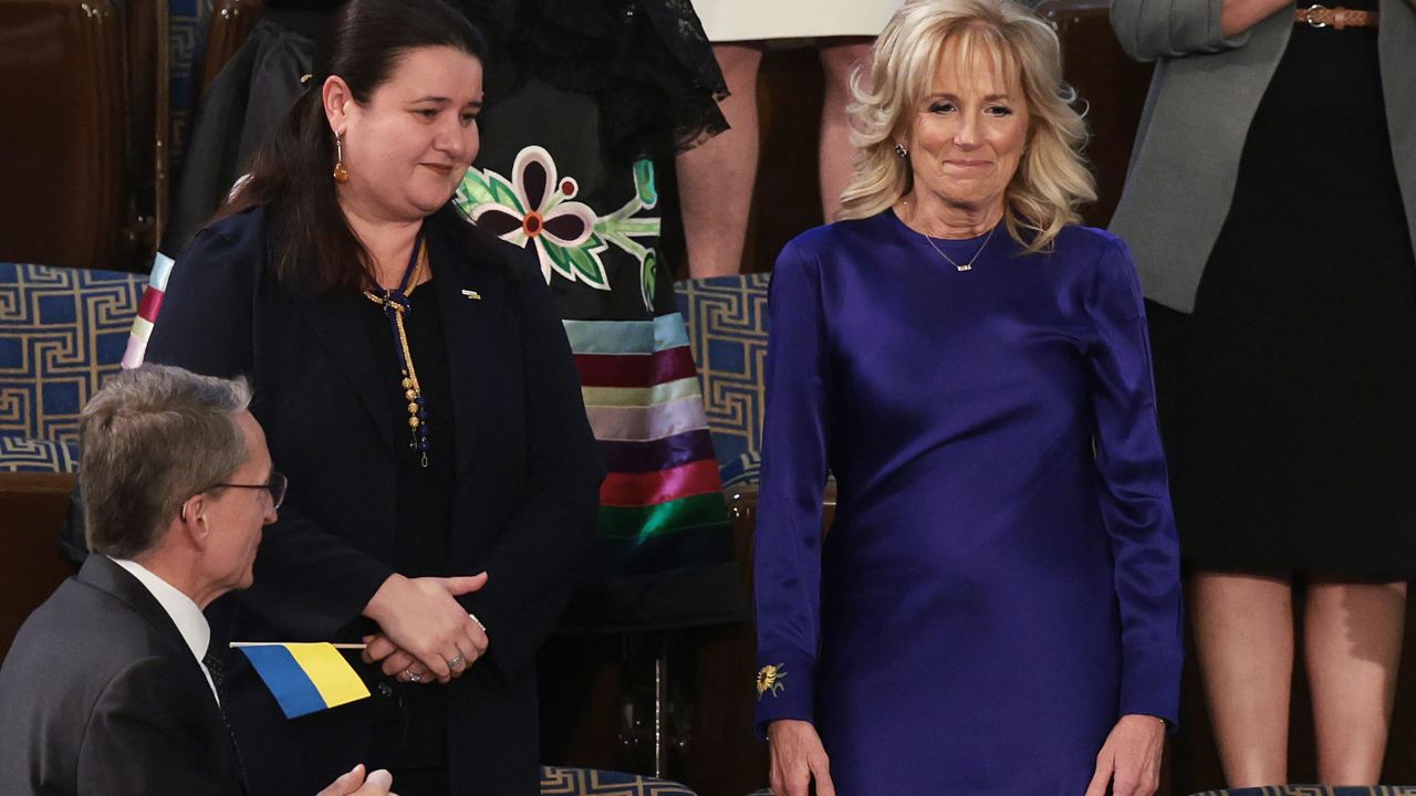 Ukrainian Ambassador to the United States Oksana Markarova (left) is a guest of First Lady Jill Biden.