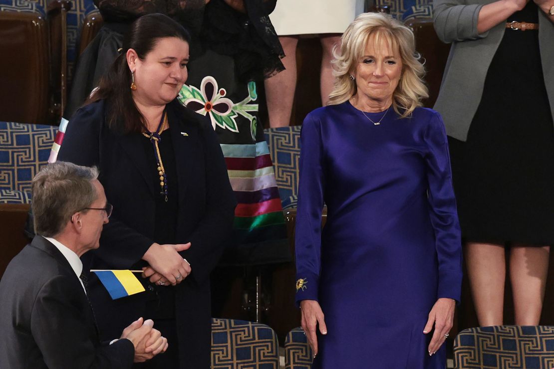 Ukrainian Ambassador to the United States Oksana Markarova (left) is a guest of First Lady Jill Biden.