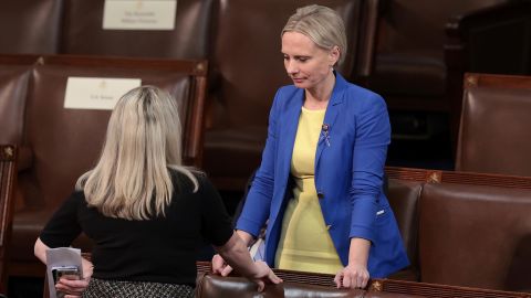 Rep. Victoria Spartz, who emigrated from Ukraine, talks on the House floor before President Joe Biden arrives to deliver his State of the Union address.