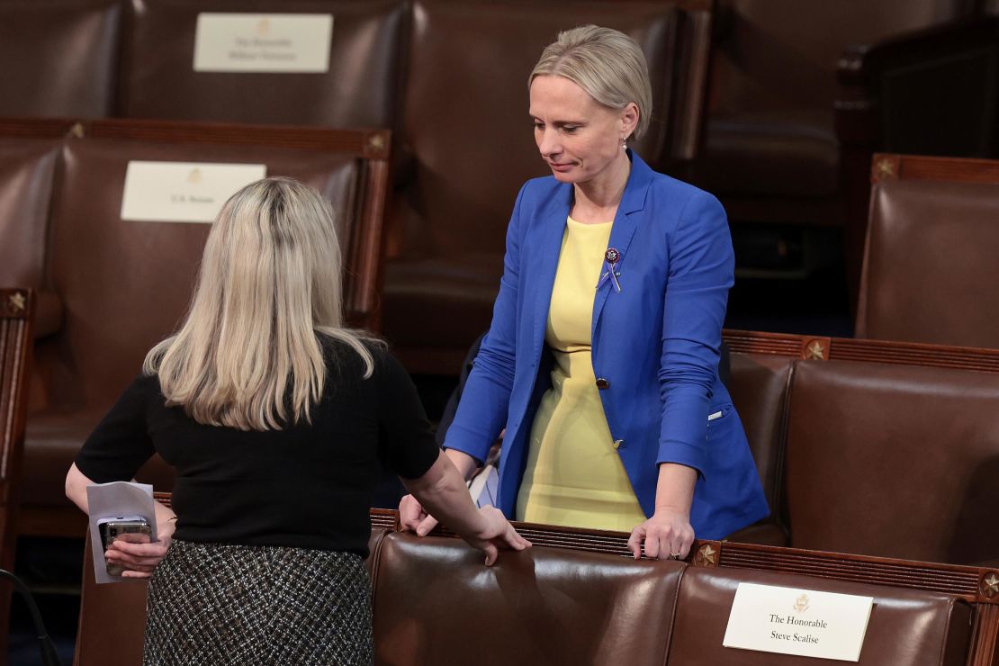 Rep. Victoria Spartz, who emigrated from Ukraine, talks on the House floor before President Joe Biden arrives to deliver his State of the Union address.