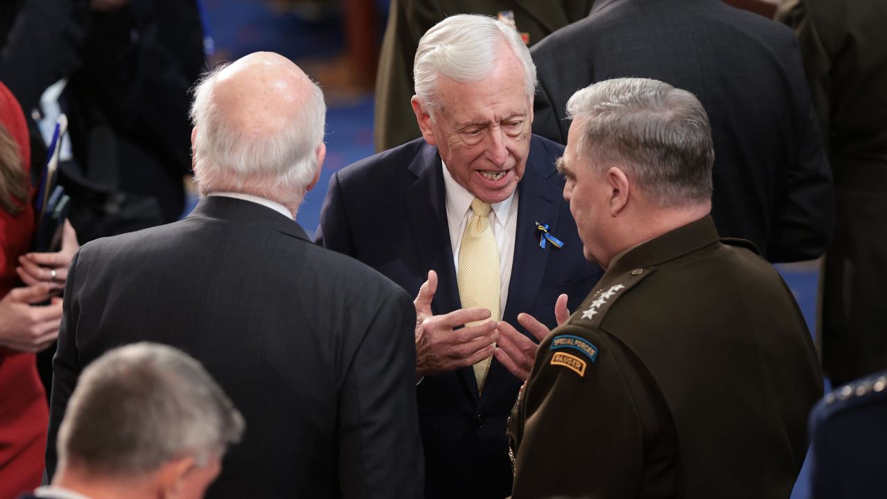 From left to right, Sen. Patrick Leahy, House Majority Leader Steny Hoyer, and Chairman of the Joint Chiefs of Staff Gen. Mark Milley talk while waiting for U.S. President Joe Biden's State of the Union address.