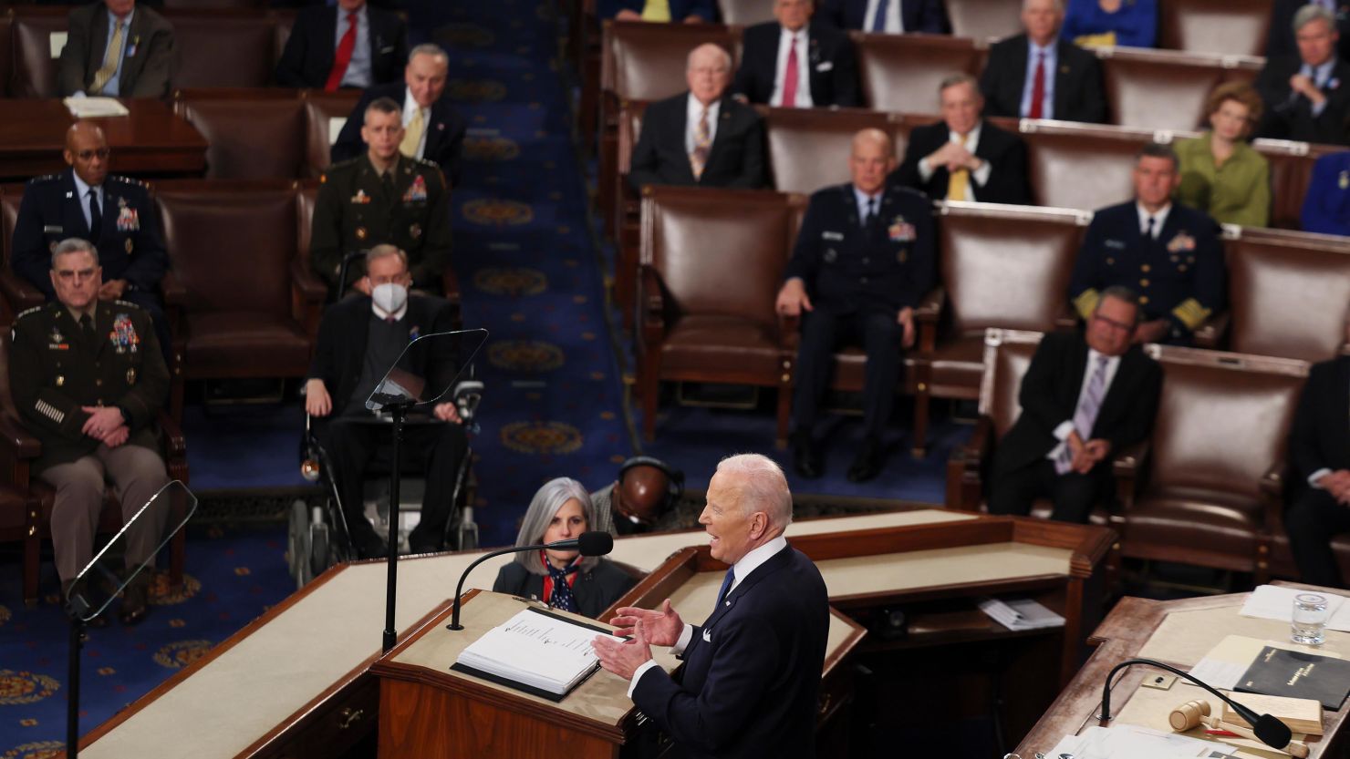 US President Joe Biden delivers the State of the Union address during a joint session of Congress in the U.S. Capitol's House Chamber March 01, 2022 in Washington, DC. 