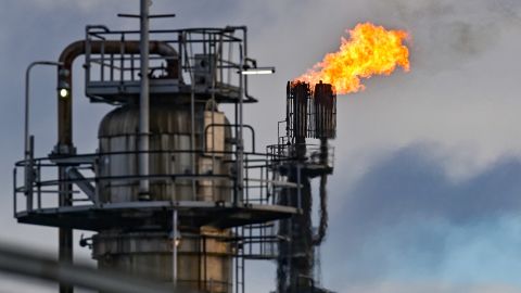 Surplus gas is burned off at a crude oil processing plant in Germany. 