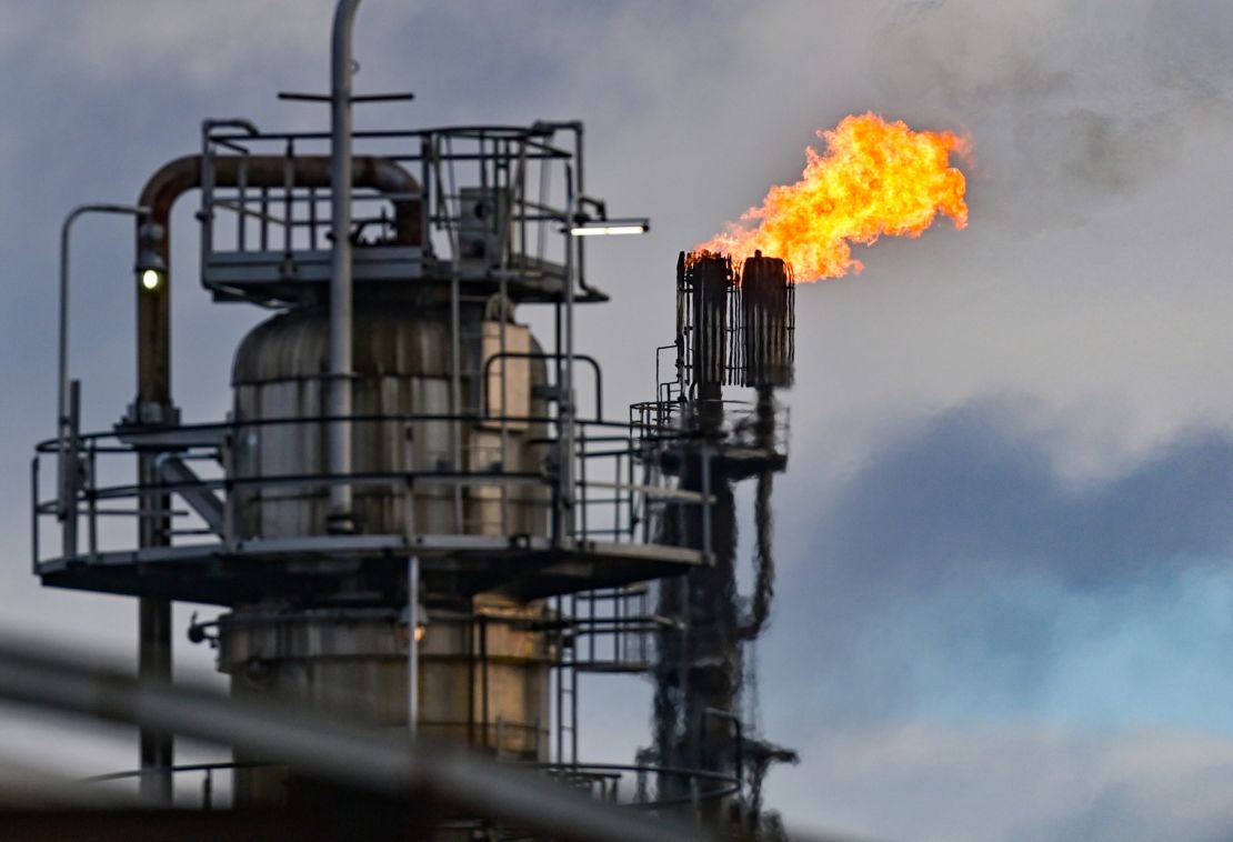 Surplus gas is burned off at a crude oil processing plant in Germany. 
