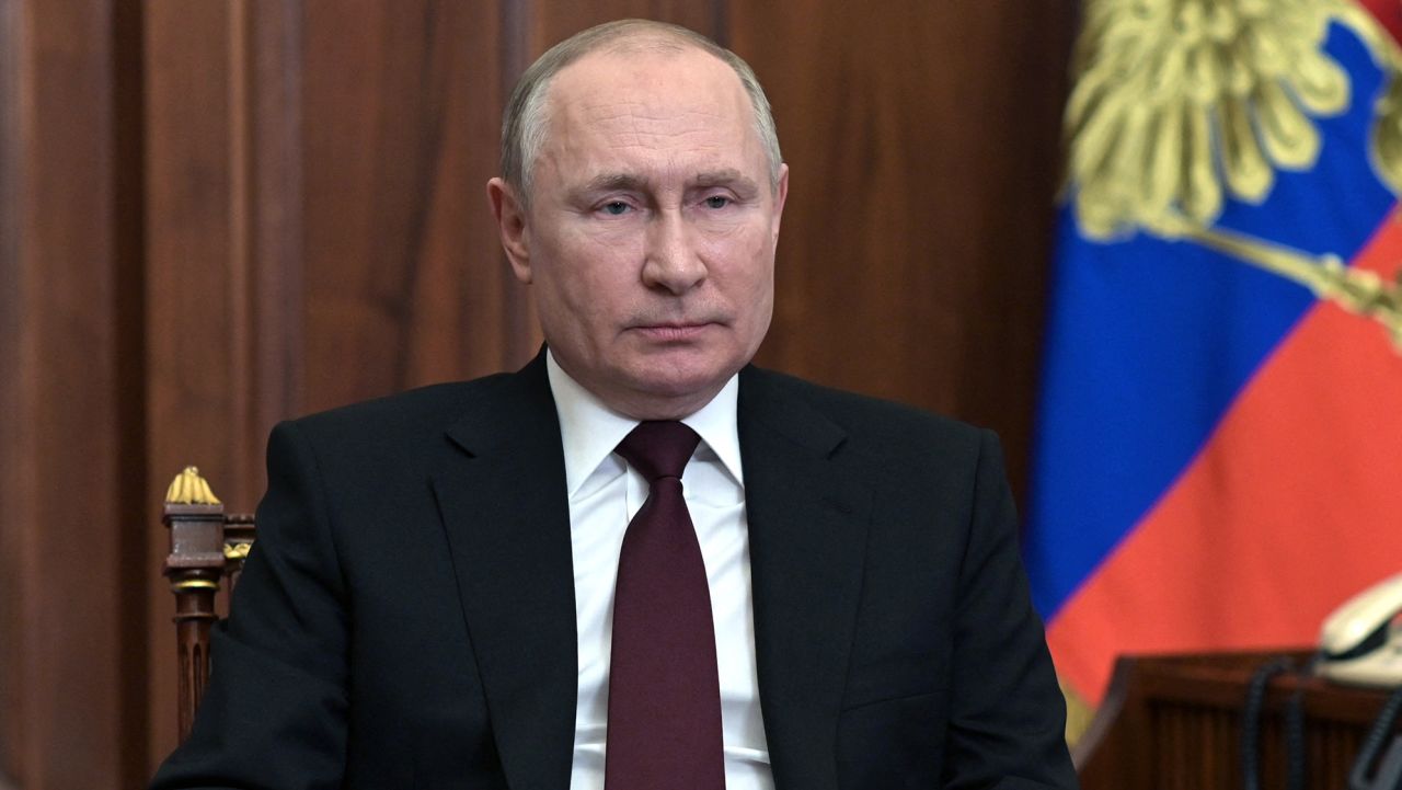 Russian President Vladimir Putin speaks during his address to the nation at the Kremlin in Moscow on February 21, 2022.