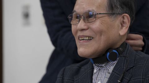 Takashi Sugiyama, a 75-year-old pharyngeal cancer survivor, tests  the Syrinx prototype periodically.