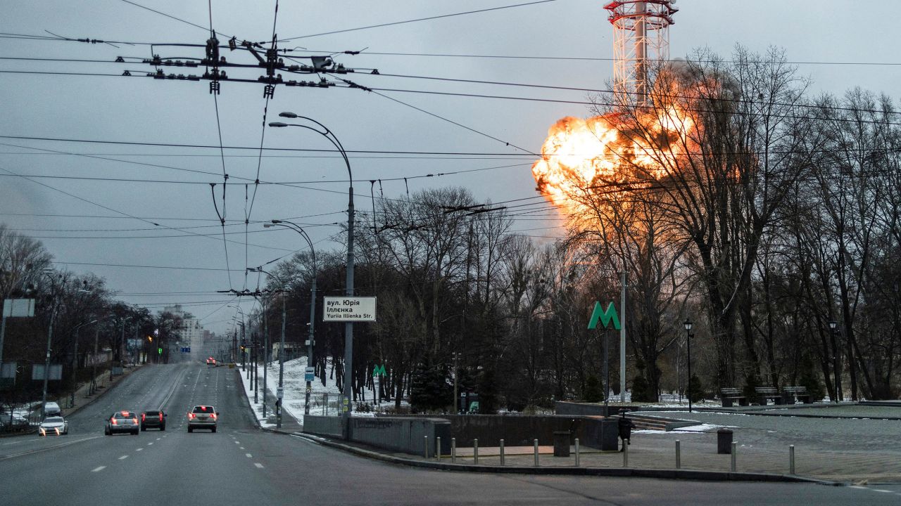 A blast is seen in Kyiv's TV tower on Tuesday.