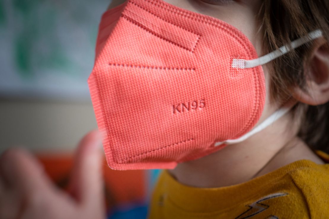 A child wears a KN95 mask in Hastings-on-Hudson, New York state, on January 13.