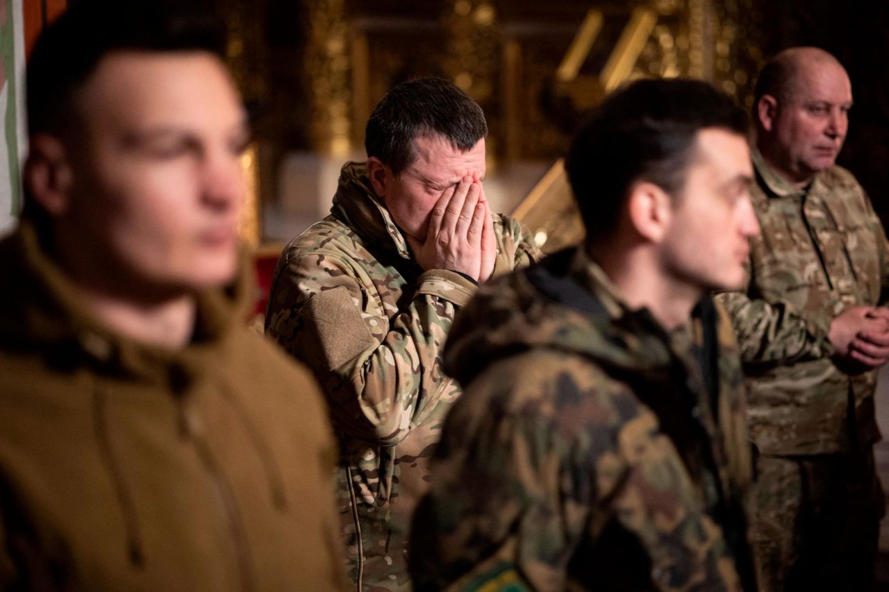 Ukrainian soldiers attend Mass at an Orthodox monastery in Kyiv on March 1.