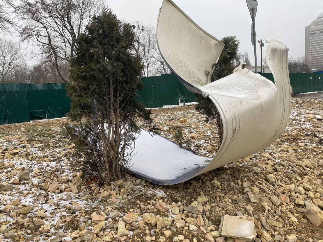 Debris is shown around Kyiv's TV tower which was hit by Russian strikes on March 2, the day after the strike.