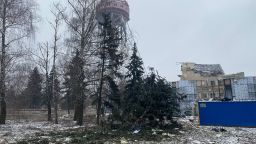 Debris is shown around Kyiv's TV tower which was hit by Russian strikes on March 2, the day after the strike.
