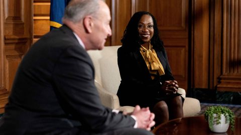 US Supreme Court nominee, Judge Ketanji Brown Jackson, meets Tuesday with US Senate Majority Leader Chuck Schumer on Capitol Hill in Washington, DC.