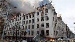 The scene of a fire at the Economy Department building of Karazin Kharkiv National University, allegedly hit during recent shelling by Russia, on March 2, 2022.