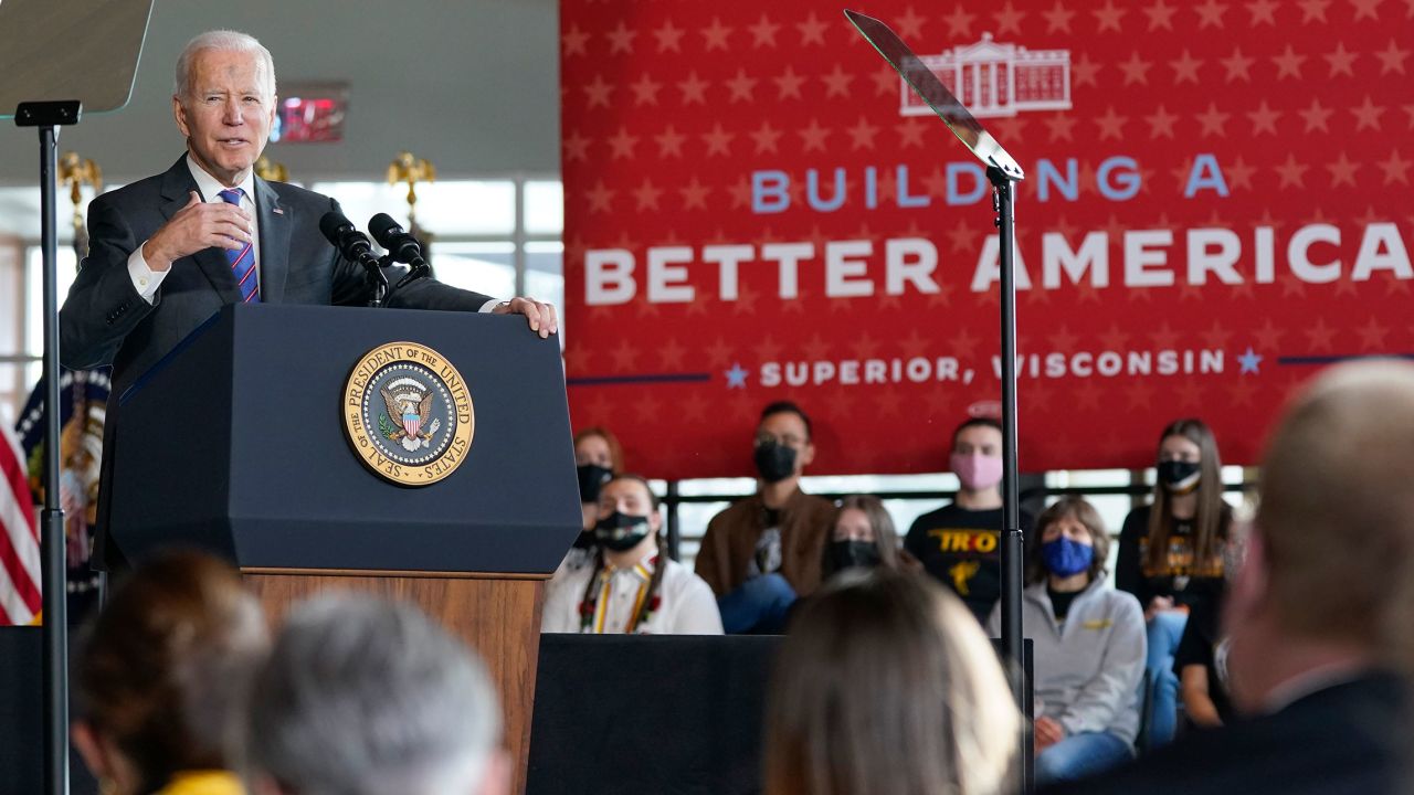 President Joe Biden speaks at an event to promote his infrastructure agenda at University of Wisconsin-Superior, Wednesday, March 2, 2022 in Superior, Wisconsin.