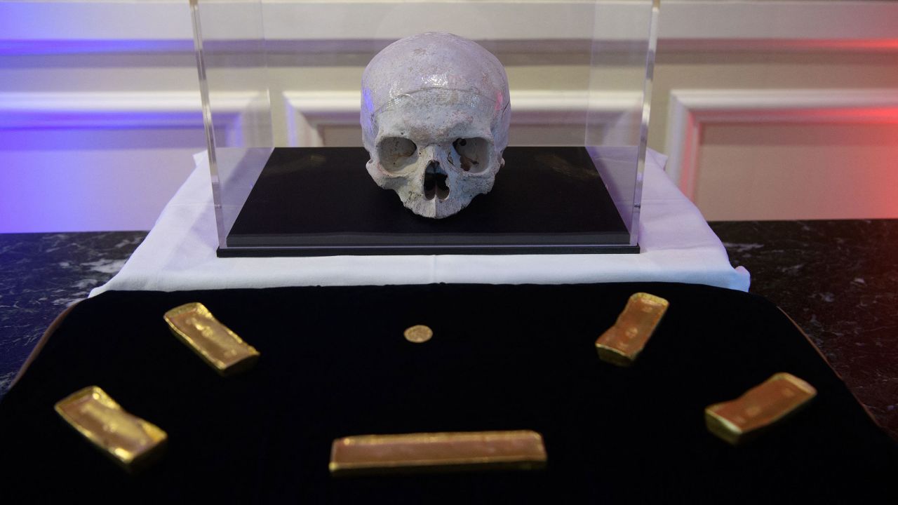 Artifacts are displayed during a ceremony marking the restitution of cultural property from the US to France at the ambassador's residence in Washington, DC, on March 2, 2022. 