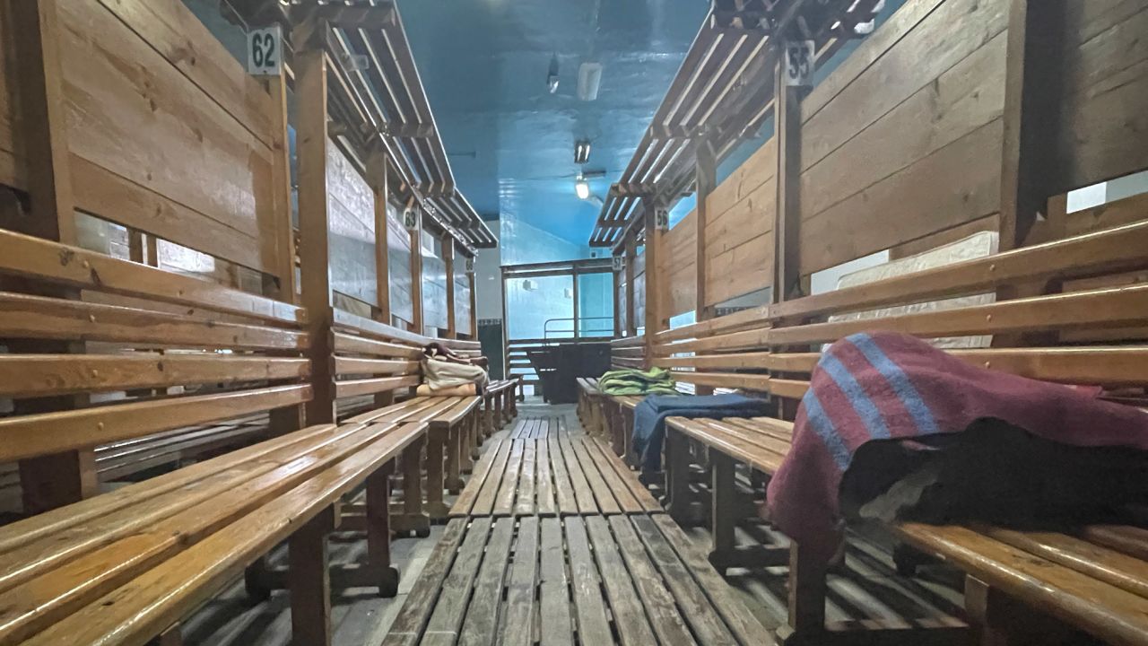 The synagogue's bathhouse for pre-prayer washing rituals is now a bomb shelter.