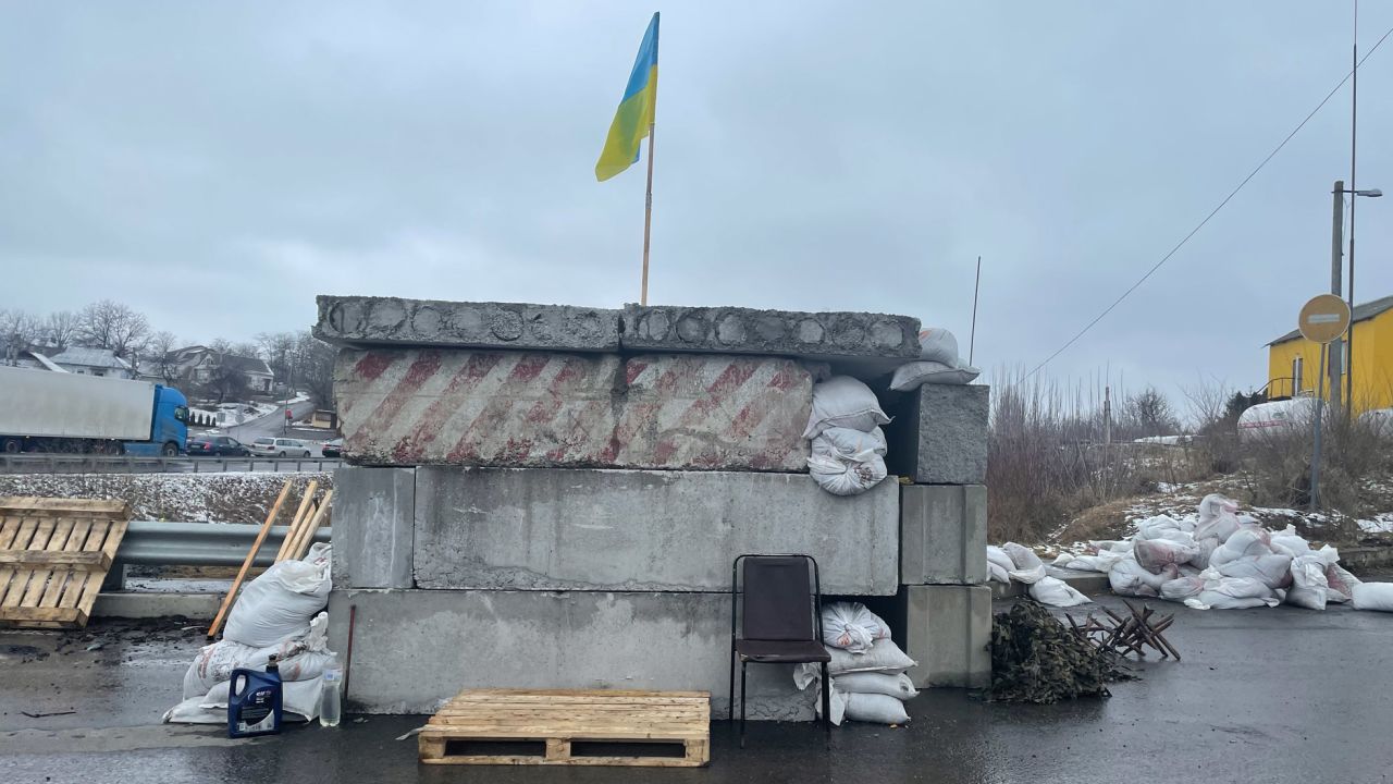 A makeshift checkpoint outside of Uman. Several of these line the perimeter of the city to check vehicles passing through.