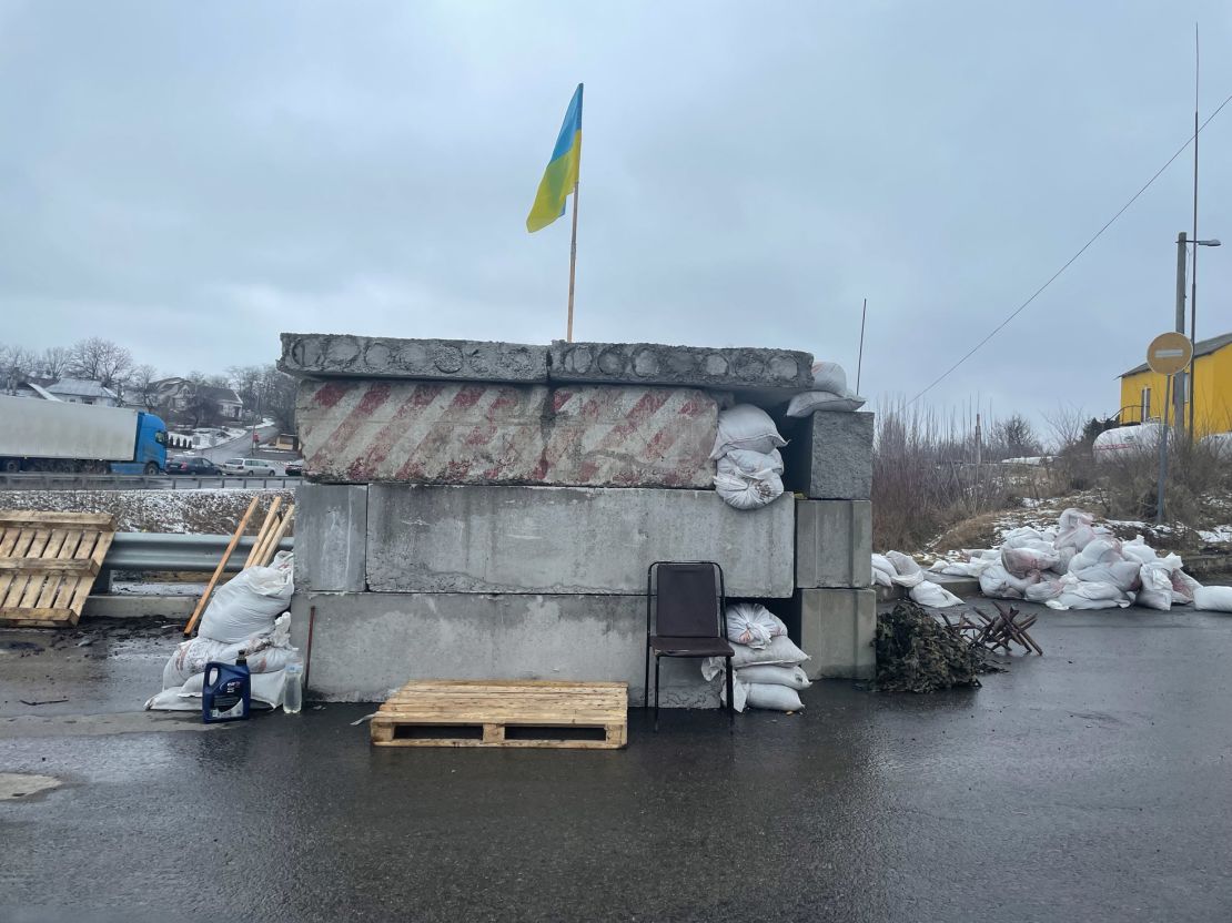 A makeshift checkpoint outside of Uman. Several of these line the perimeter of the city to check vehicles passing through.