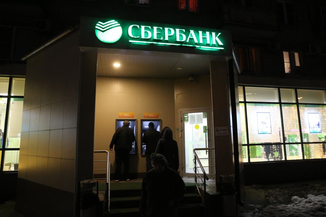 People line up outside Sberbank on February 28, 2022 in Moscow. 