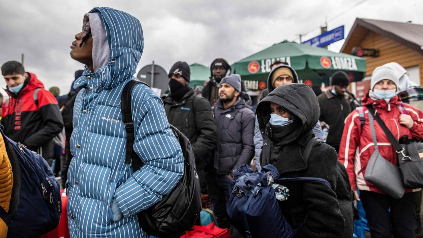 Refugees from many different countries - from Africa, Middle East and India - mostly students of Ukrainian universities are seen at the Medyka pedestrian border crossing fleeing the conflict in Ukraine, in eastern Poland on February 27, 2022. 