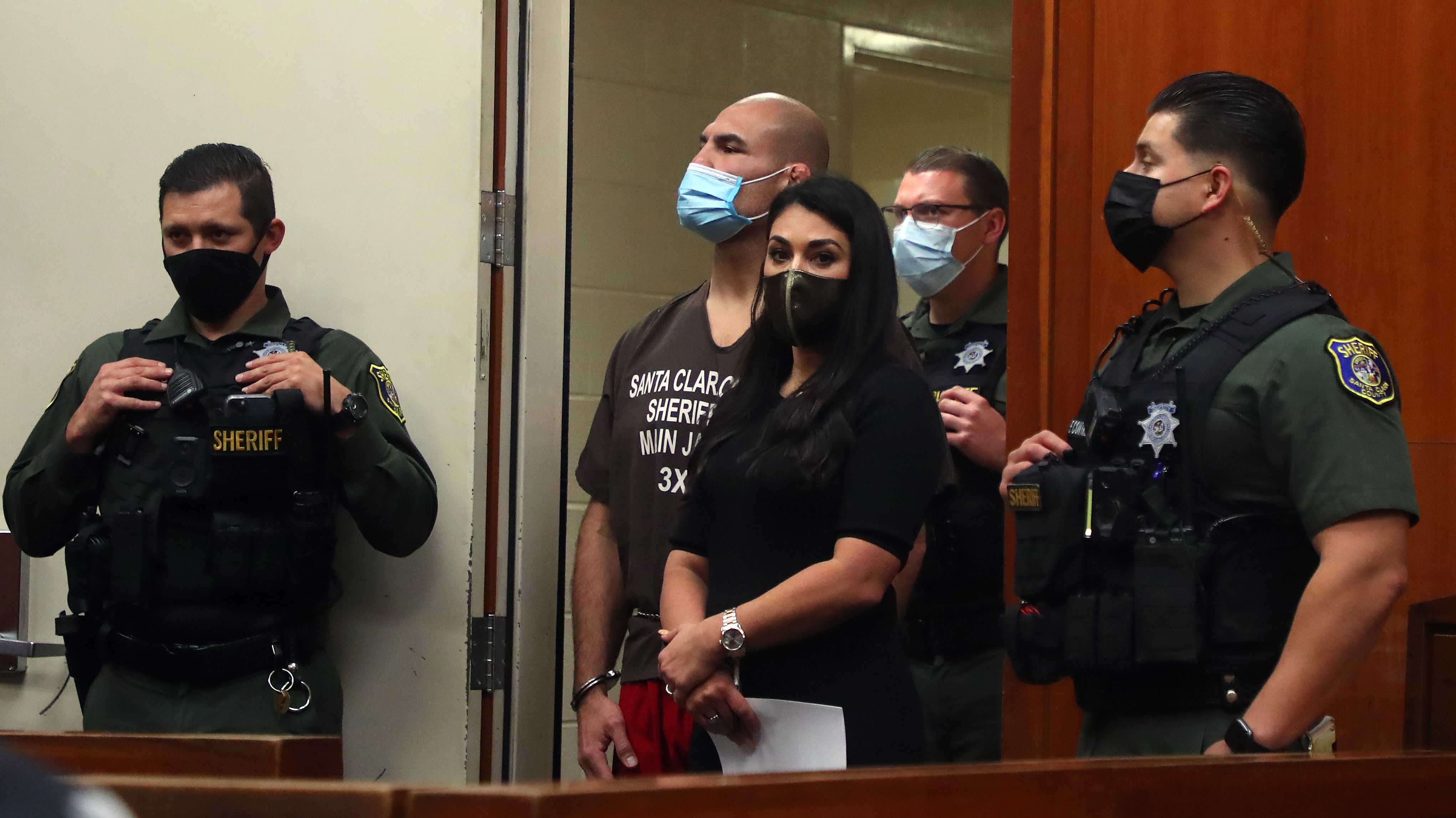 Cain Velasquez, second from left, makes a court appearance on an attempted murder charge at the Santa Clara County Hall of Justice on Wednesday, March 2, 2022, in San Jose, California.