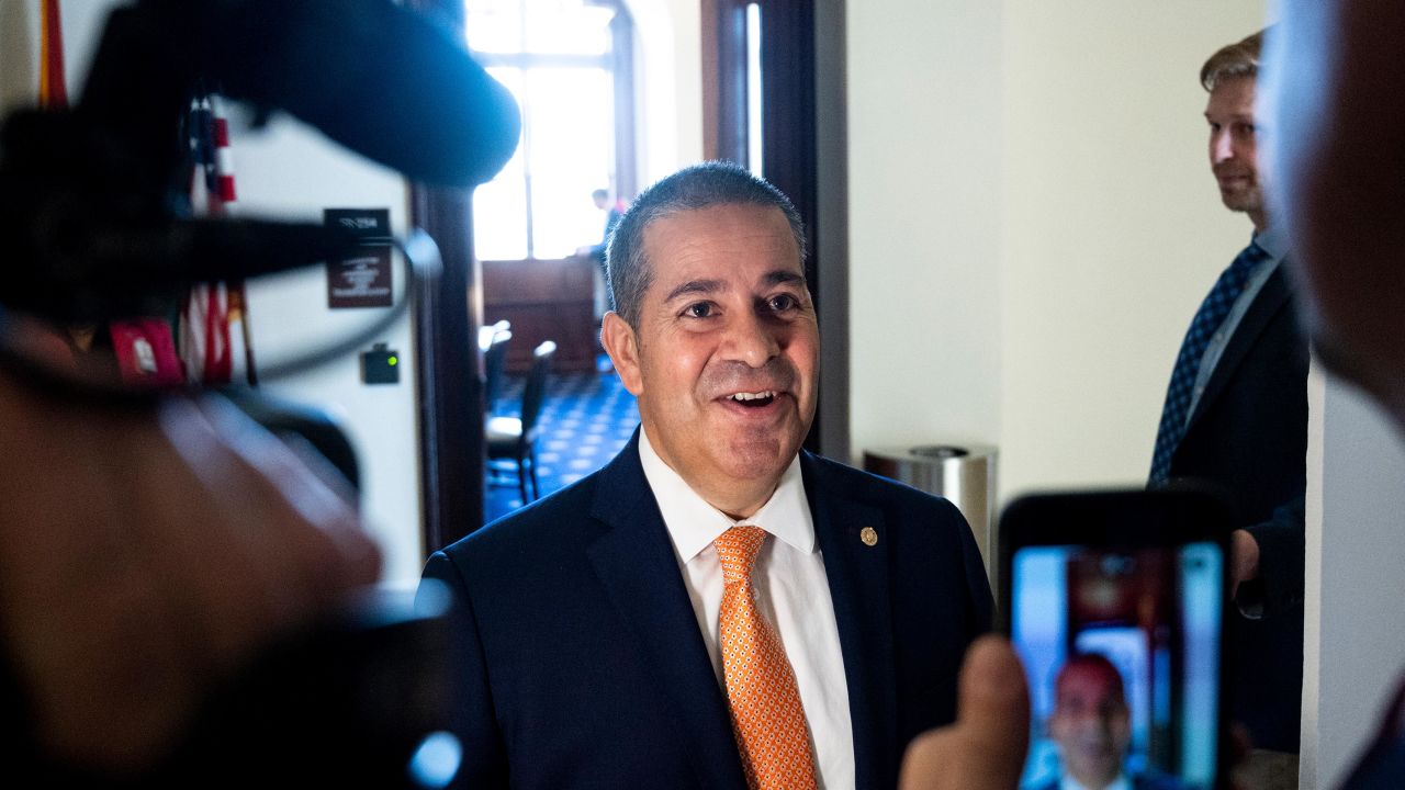 Sen. Ben Ray Luján speaks to reporters outside a Senate committee meeting on his first day back in the Senate on Thursday. Luján returned to the Senate after suffering a stroke in January. 