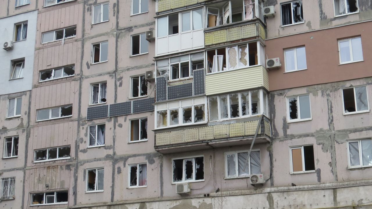 A residential building which locals said was damaged by recent shelling is seen in Mariupol on February 26, 2022.