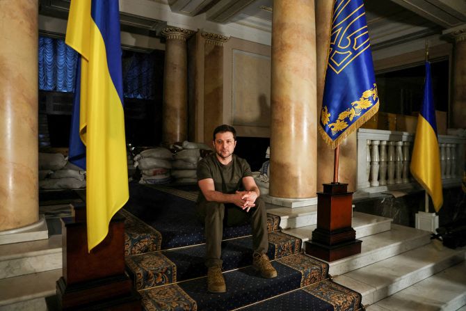 Ukrainian President Volodymyr Zelensky poses for a picture in a Kyiv bunker after <a href="index.php?page=&url=https%3A%2F%2Fwww.cnn.com%2F2022%2F03%2F01%2Feurope%2Fvolodymyr-zelensky-ukraine-cnn-interview-intl%2Findex.html" target="_blank">an exclusive interview with CNN and Reuters</a> on March 1. Zelensky said that as long as Moscow's attacks on Ukrainian cities continued, little progress could be made in talks between the two nations. "It's important to stop bombing people, and then we can move on and sit at the negotiation table," he said.