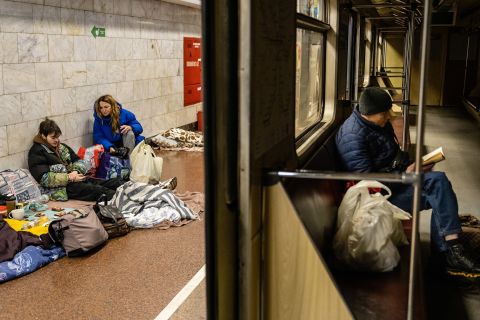 People shelter in a subway station in Kyiv on March 2.