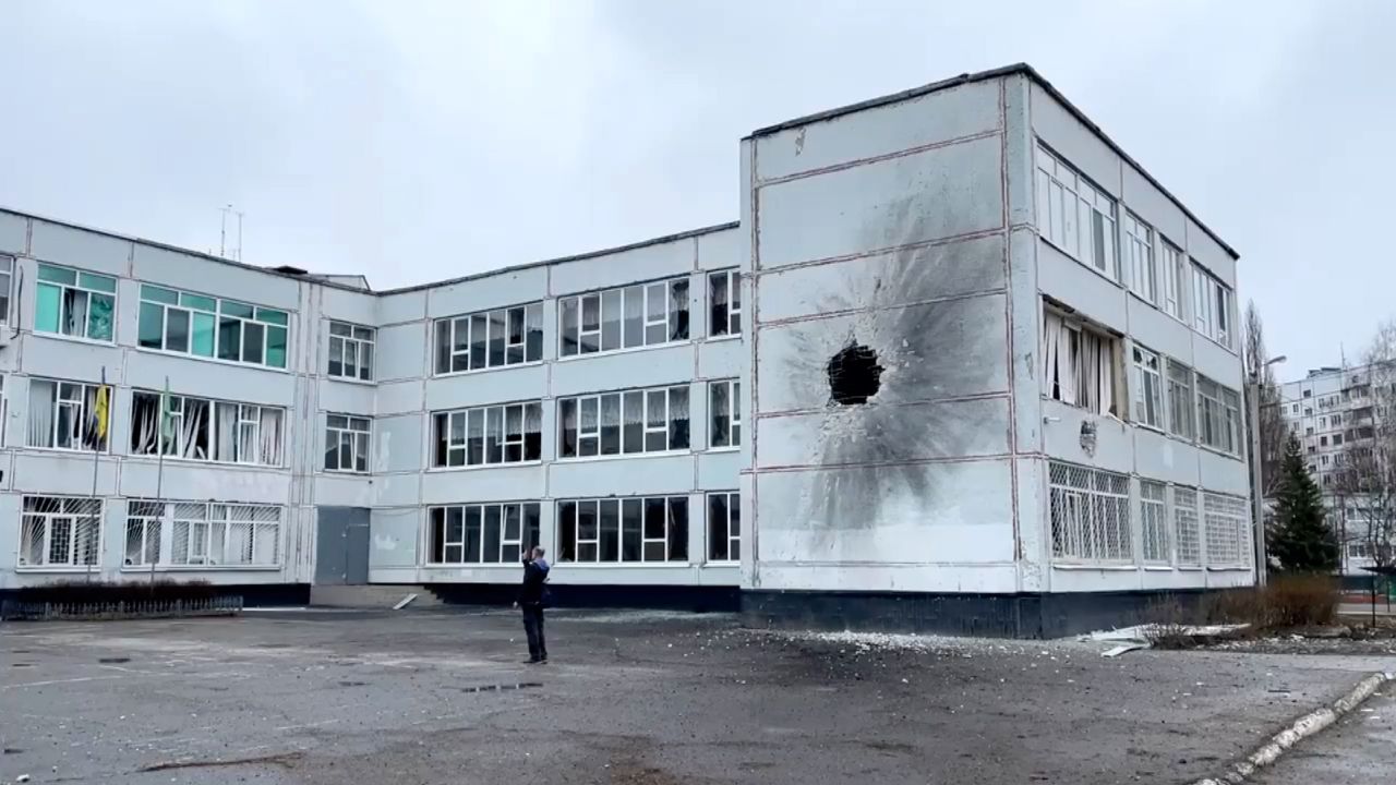A giant hole is seen at School #17 in Kharkiv's Saltivka neighborhood after a Russian military strike on Tuesday.