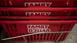 Shopping baskets sit in a corral at a Family Dollar Stores Inc. store in Chicago, Illinois on Tuesday, March 3, 2020. 