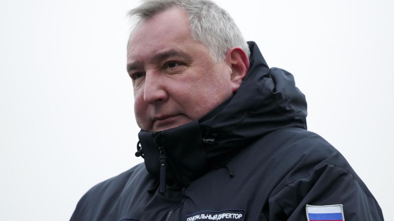 The head of Russia's Roscosmos space agency, Dmitry Rogozin, attends a report ceremony ahead of the launch at the Baikonur cosmodrome on December 8, 2021.