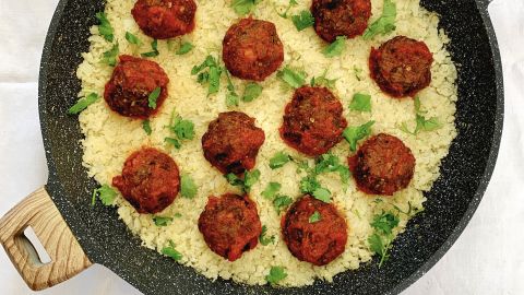 Eggplant meatballs with cauliflower rice can make a great "meatless meal."