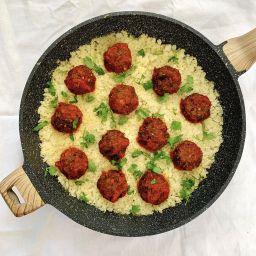 Eggplant meatballs with cauliflower rice can make a great "meatless meal."