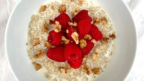 Raspberry walnut breakfast quinoa offers a protein punch in the morning.