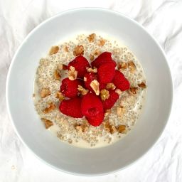 Raspberry walnut breakfast quinoa offers a protein punch in the morning.