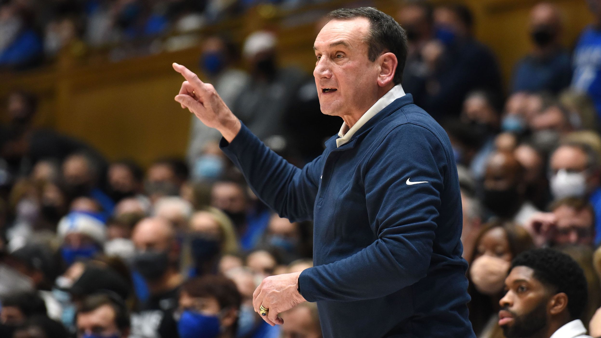 Duke Blue Devils head coach Mike Krzyzewski directs his team during a game against the Appalachian State Mountaineers on December 16, 2021.