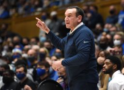 Duke Blue Devils head coach Mike Krzyzewski directs his team during a game against the Appalachian State Mountaineers on December 16, 2021.